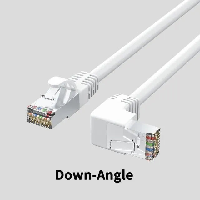 Cat6 Ethernet cable with right-angle RJ45 connector in multiple colour options including black, white, and red