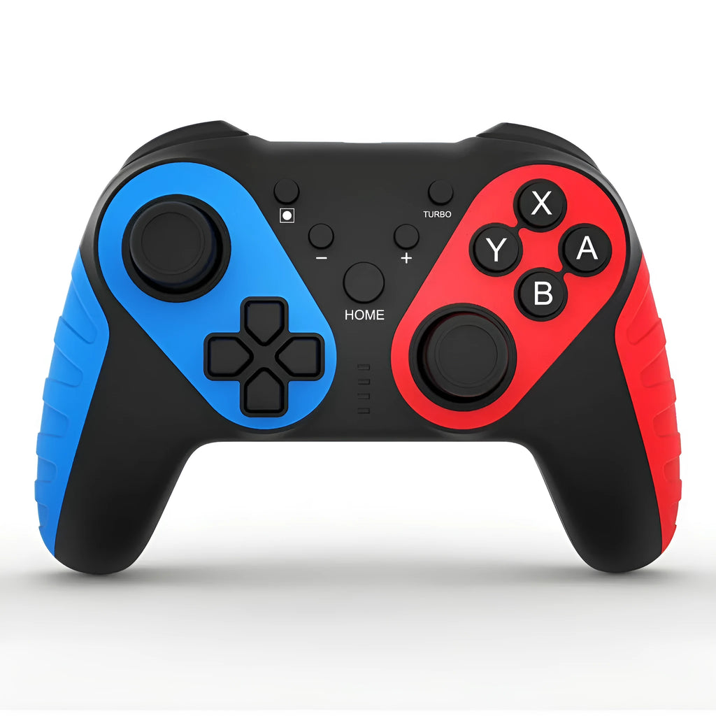 Red and blue wireless Bluetooth gamepad controller for Nintendo Switch and PC on a colour box.