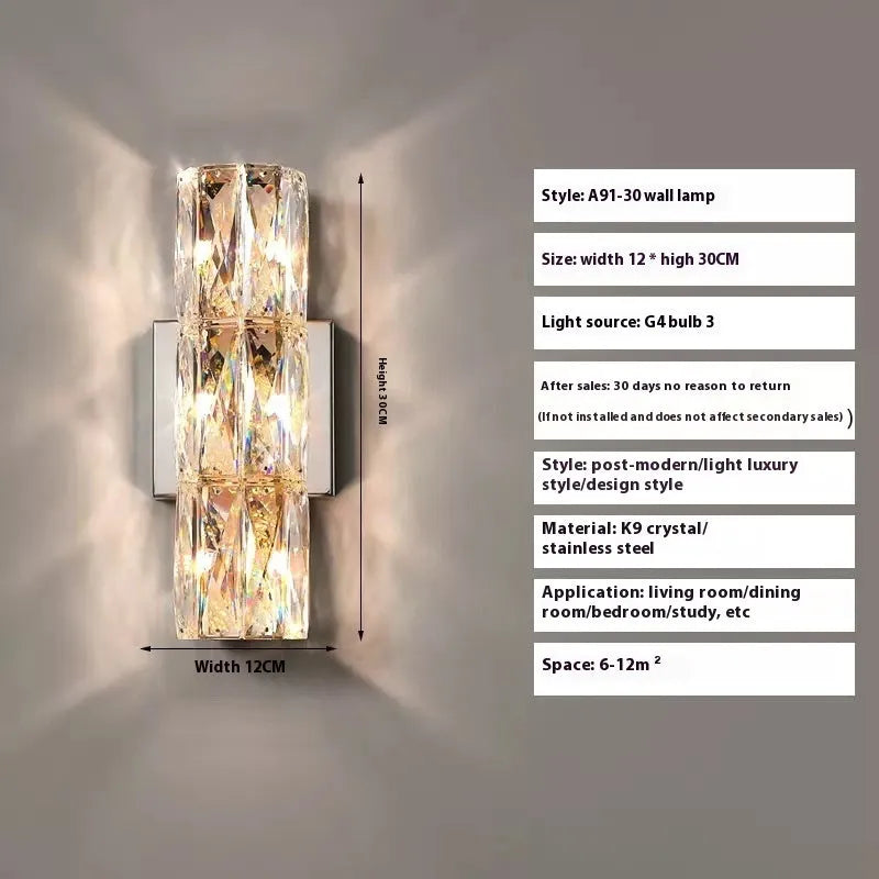 Crystal wall lamp with stainless steel frame in chrome or gold finish