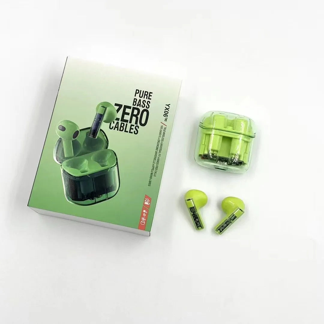 YX06 transparent TWS wireless headphones showing internal components with colour options