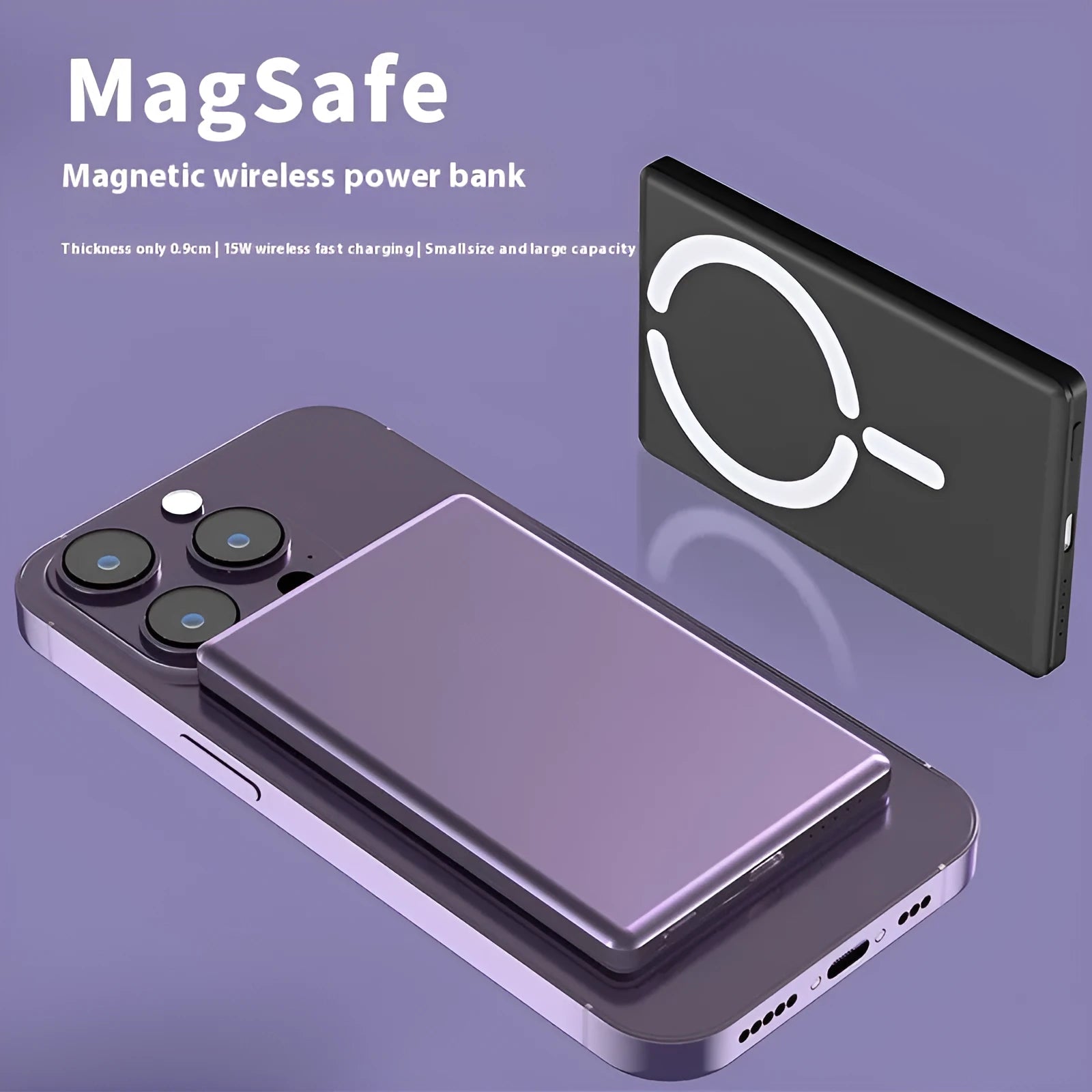 Ultra-thin magnetic power bank with alloy shell in dark gray colour showing compact 105x66mm dimensions