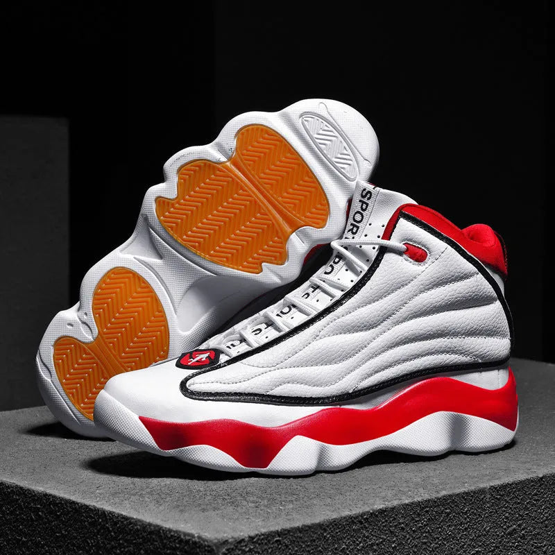 Men's high-top basketball shoes with thick rubber sole and mesh upper in AJ13 white red colourway
