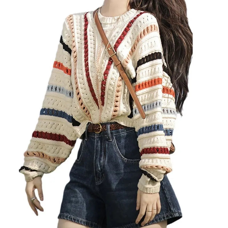 Colourful rainbow striped loose sweater with batwing sleeves and round neck
