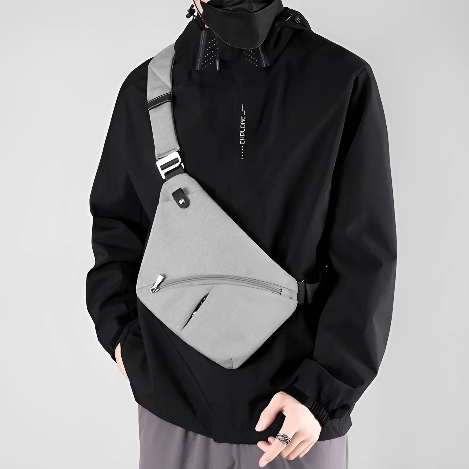 Men's Oxford cloth chest bag in black colour worn on left shoulder