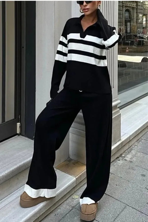 Women's black and white striped polo collar knitted top with matching trousers casual two-piece set