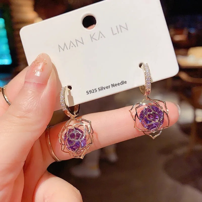 Copper geometry rose earrings with electroplated finish in various colour options