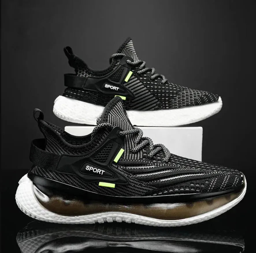 Men's white lace-up platform sneakers with mesh upper and flat rubber sole.
