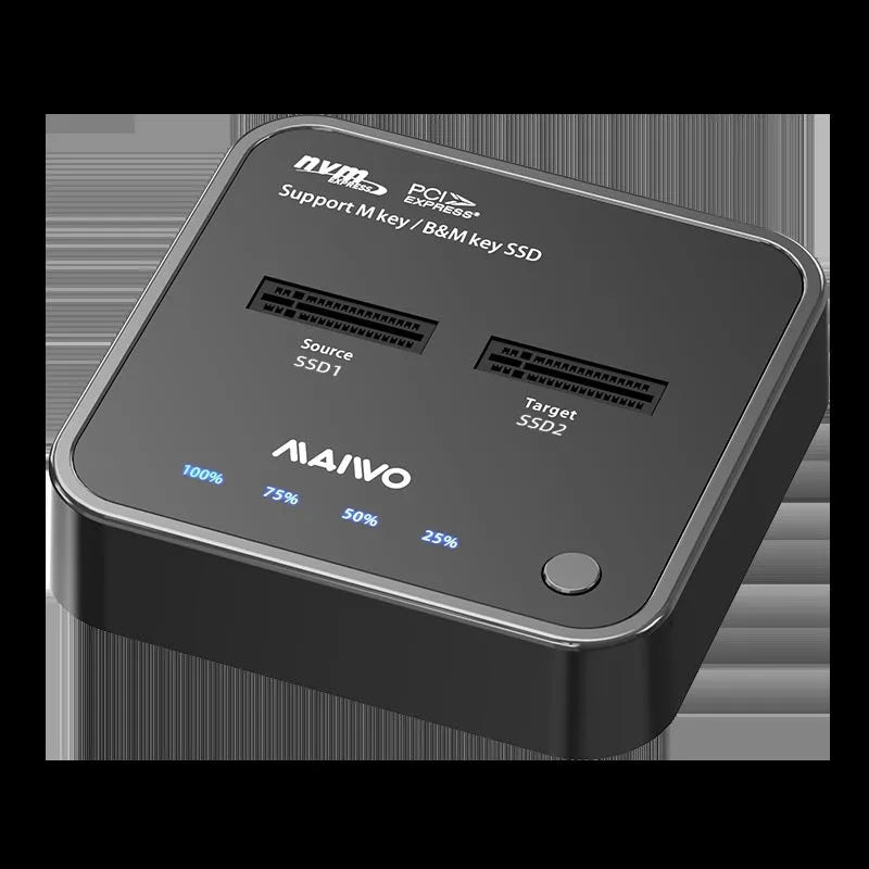 MAIWO K3016 M.2 solid state drive cloning dock with cables and power adapter on a desk