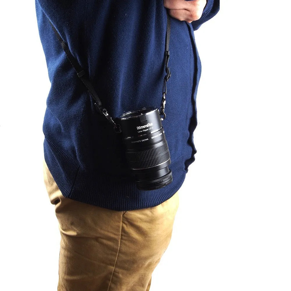 Camera lens flipper dual holder with stainless steel buckle on aluminium body and cotton shoulder strap