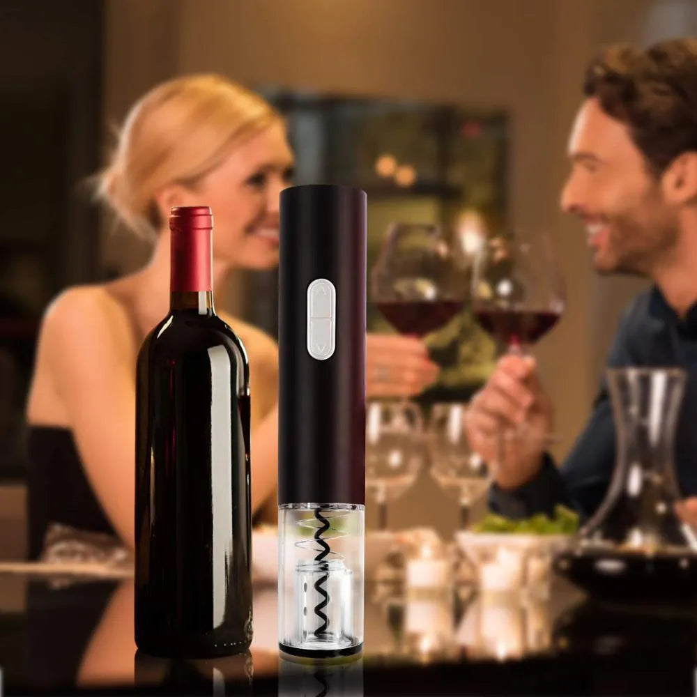 Black electric wine bottle opener with automatic corkscrew mechanism and foil cutter