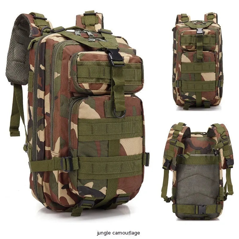 Large khaki hiking backpack with air pillow belt system for off-road mountaineering and outdoor sports