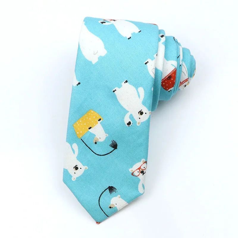 Korean-style narrow men's cotton bow tie with a printed cartoon pattern.