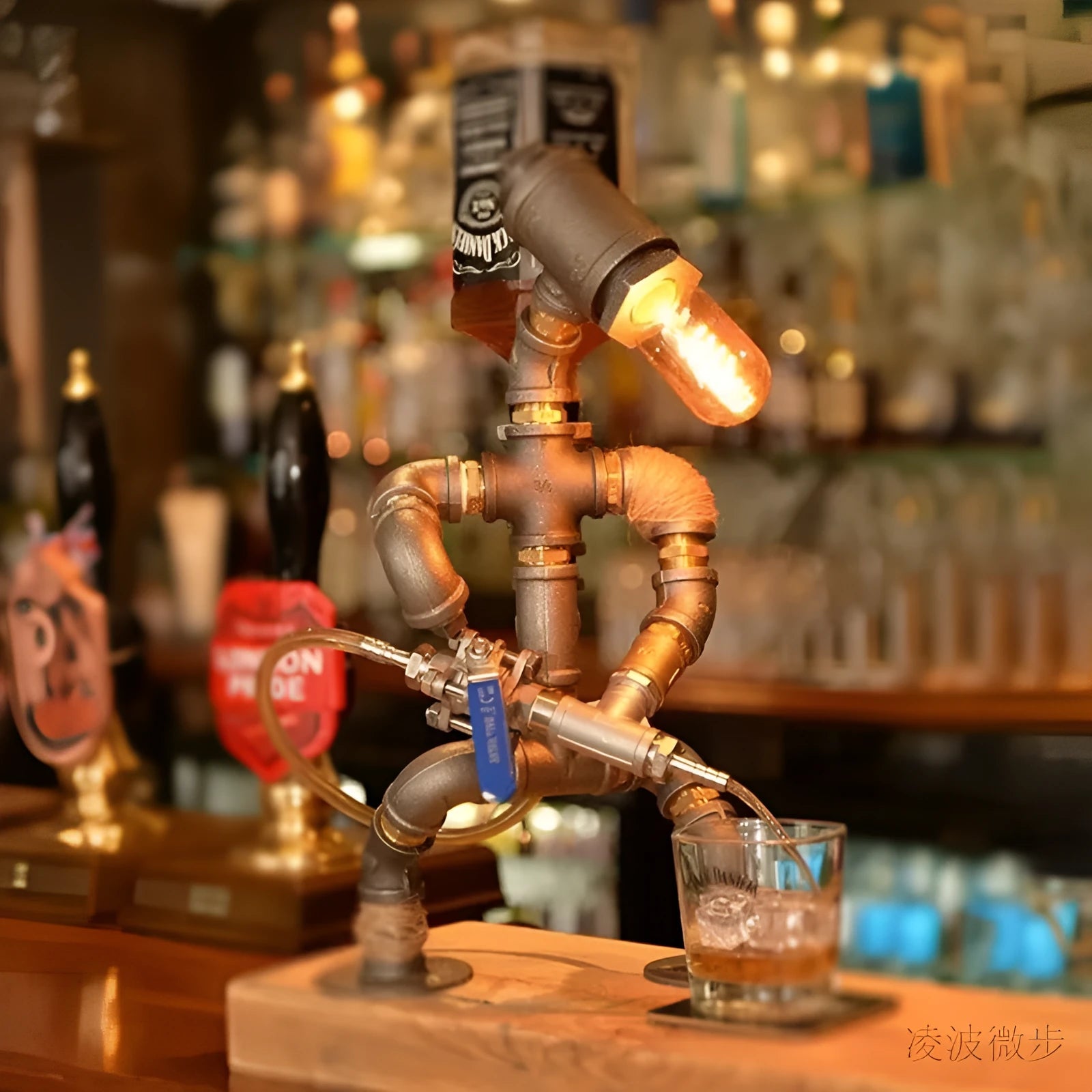 Iron pipe industrial retro style table lamp in vintage colour on a wooden desk.