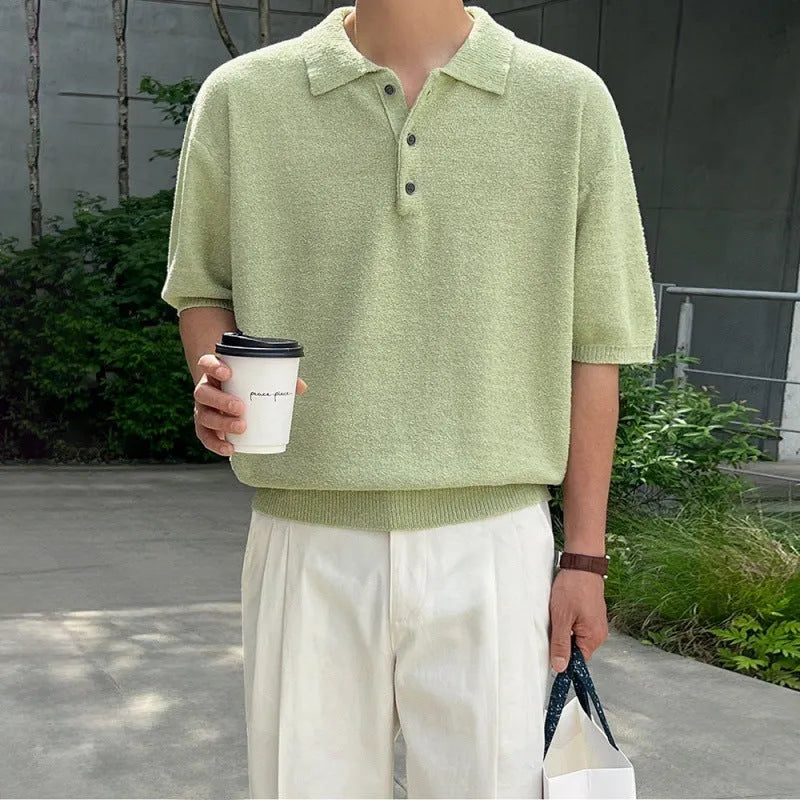 Men's retro knitted polo shirt in caramel colour with asymmetric design and short sleeves