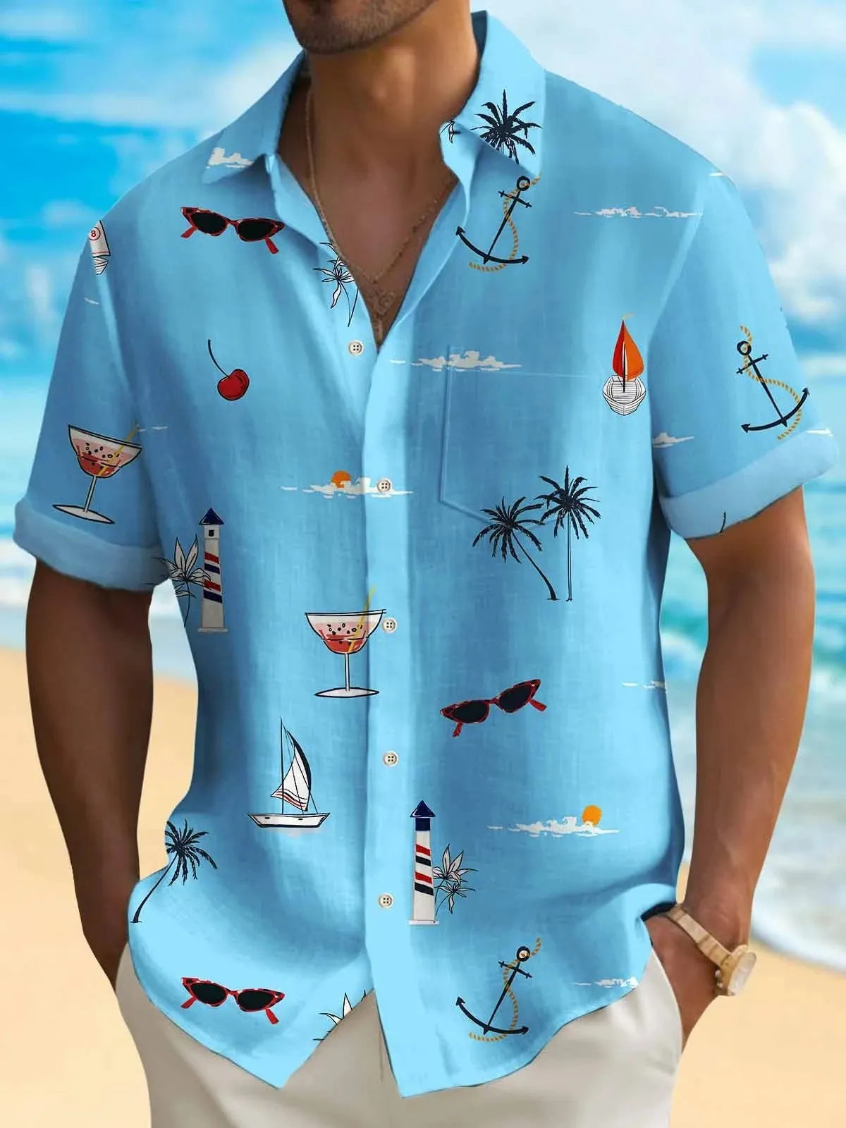 Man wearing a loose-fit digital print Hawaiian shirt with short sleeves, showcasing one of the multi-coloured pattern options.