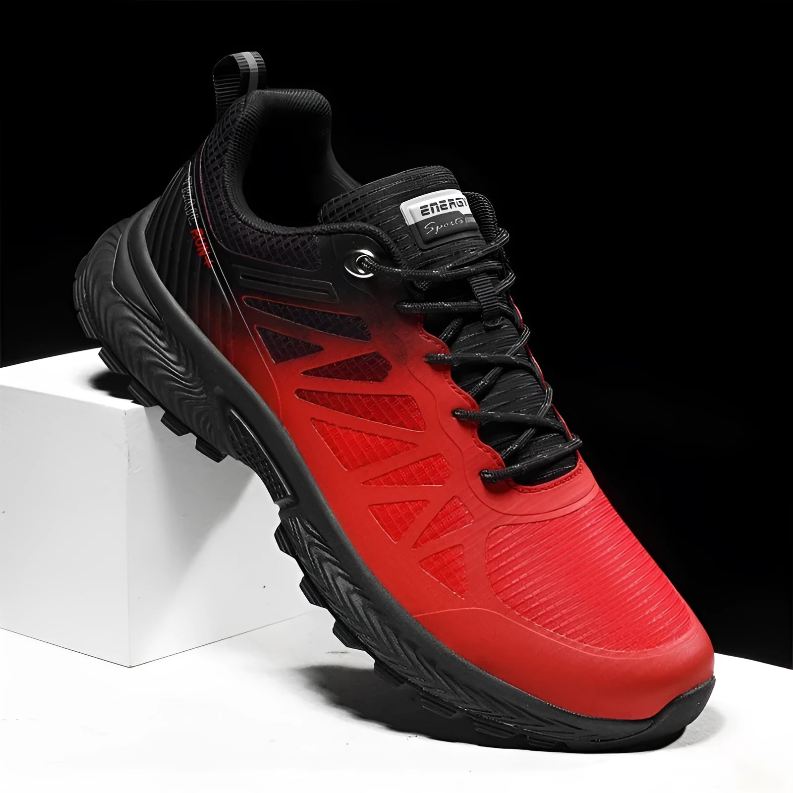 Men's black breathable mesh running shoe with lace-up front and rubber sole.