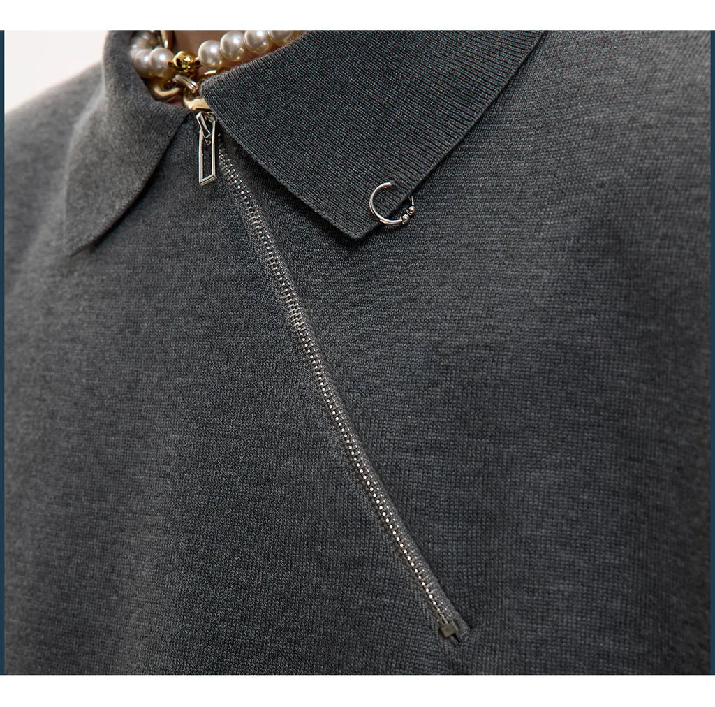 Men's black slim fit polo shirt with an oblique diagonal zip and short sleeves