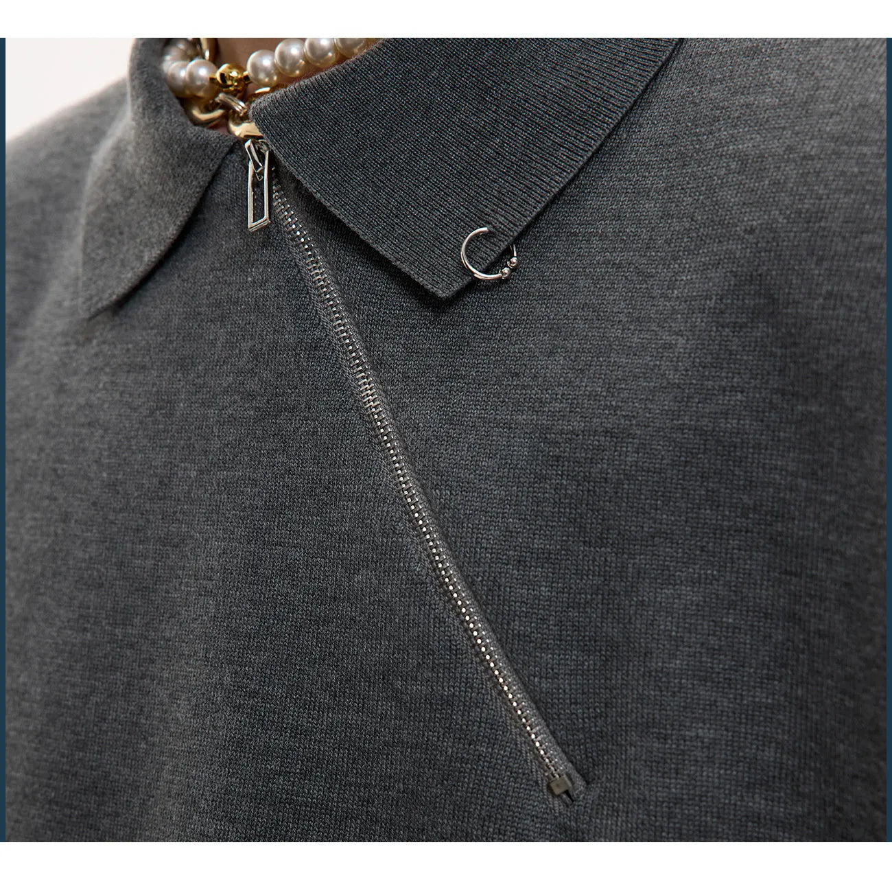 Men's black slim fit polo shirt with an oblique diagonal zip and short sleeves