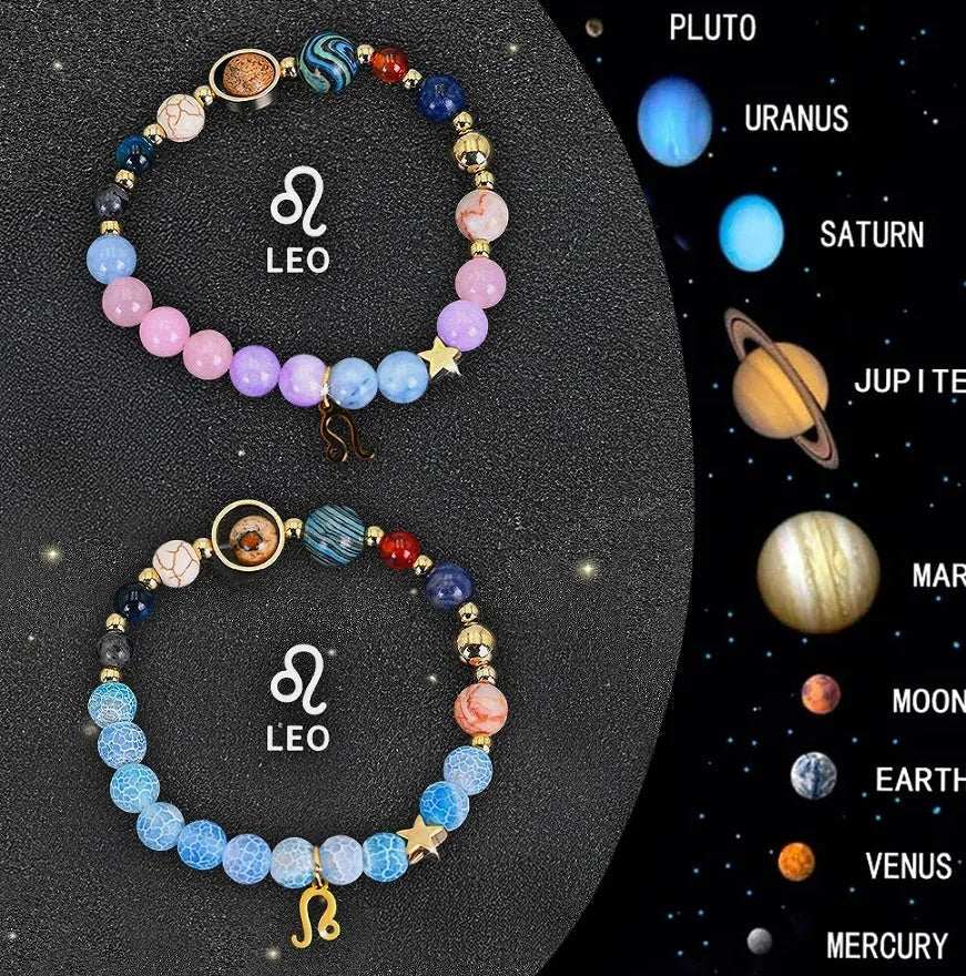 Natural stone beaded bracelets for the twelve zodiac signs laid out in a set.