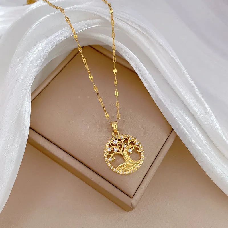 Gold-plated cross necklace with mother-of-pearl shell pendant and rhinestone zircon lucky tree pattern on adjustable chain