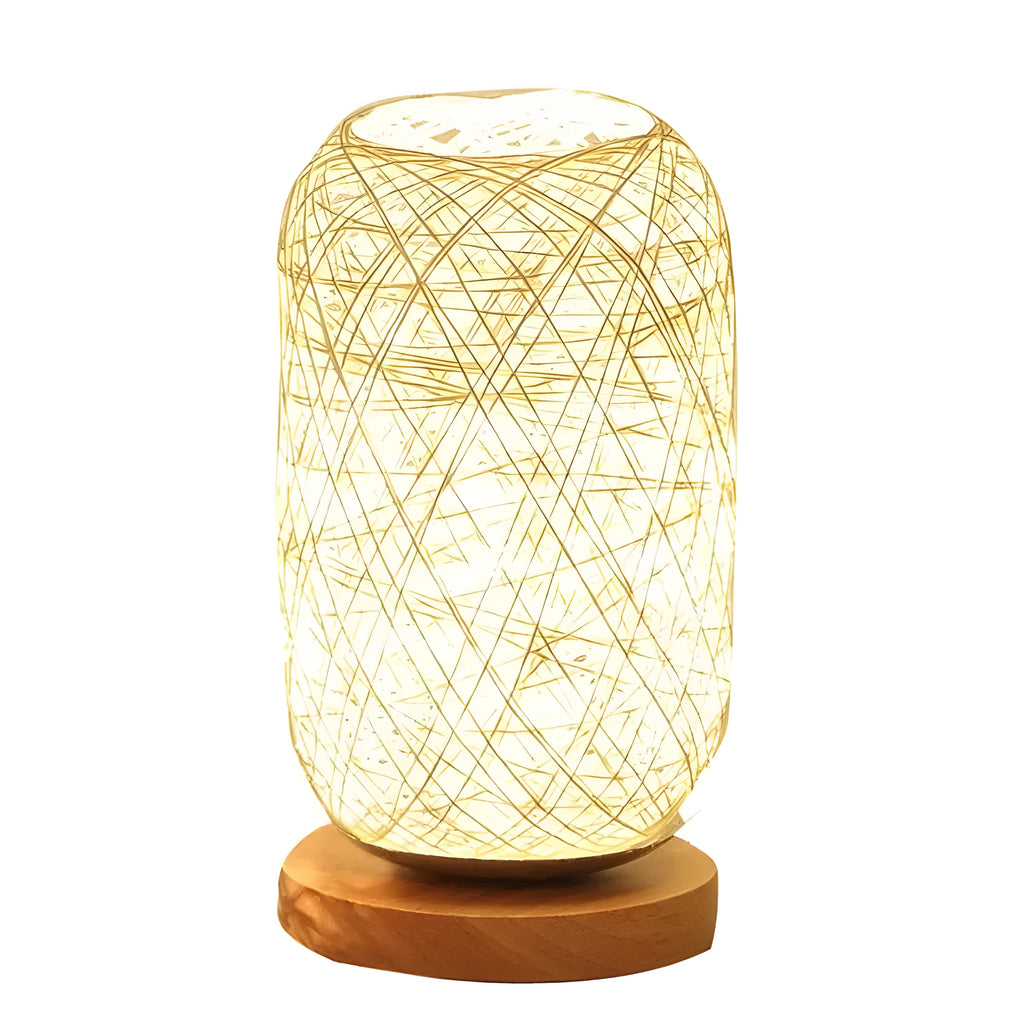 Brown hemp rope Sepak Takraw desk lamp with beige accents on solid wood base