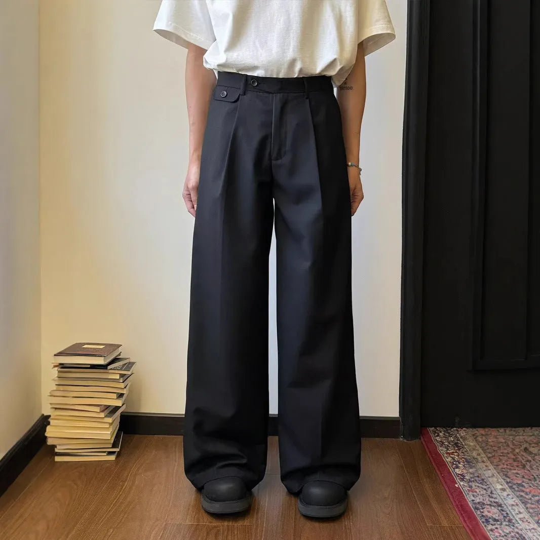 Men's straight loose wide-leg casual trousers in black and brown poly-blend fabric