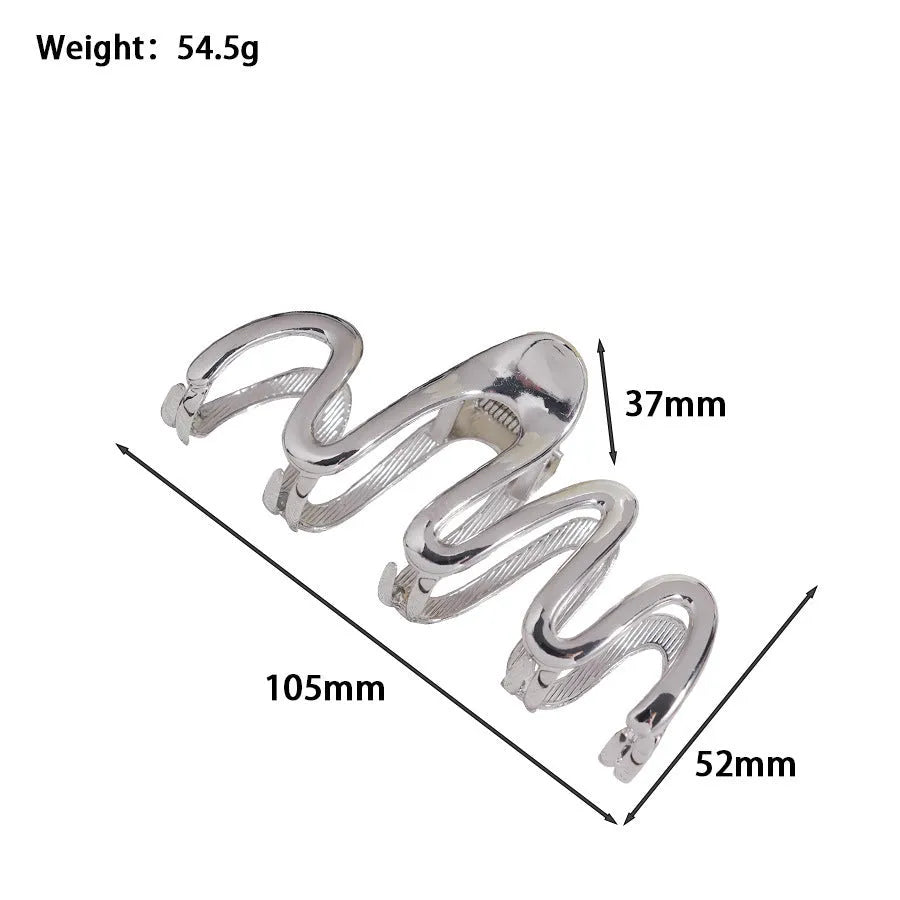 Silver metal hair claw clip assortment showing bows, waves, pearl designs, and geometric shapes from 4cm to 13.5cm