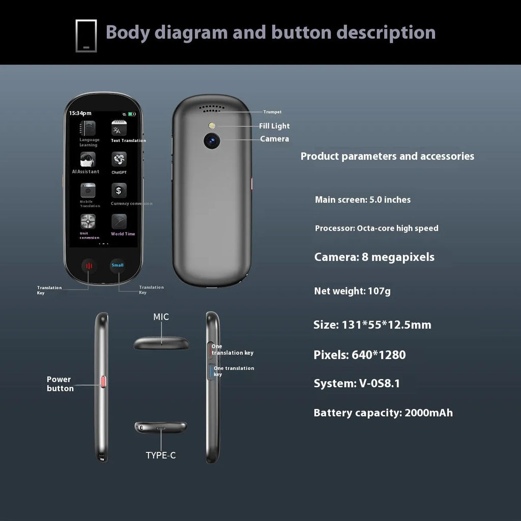 Black two-way simultaneous interpretation translator for business with lanyard and charging cable.