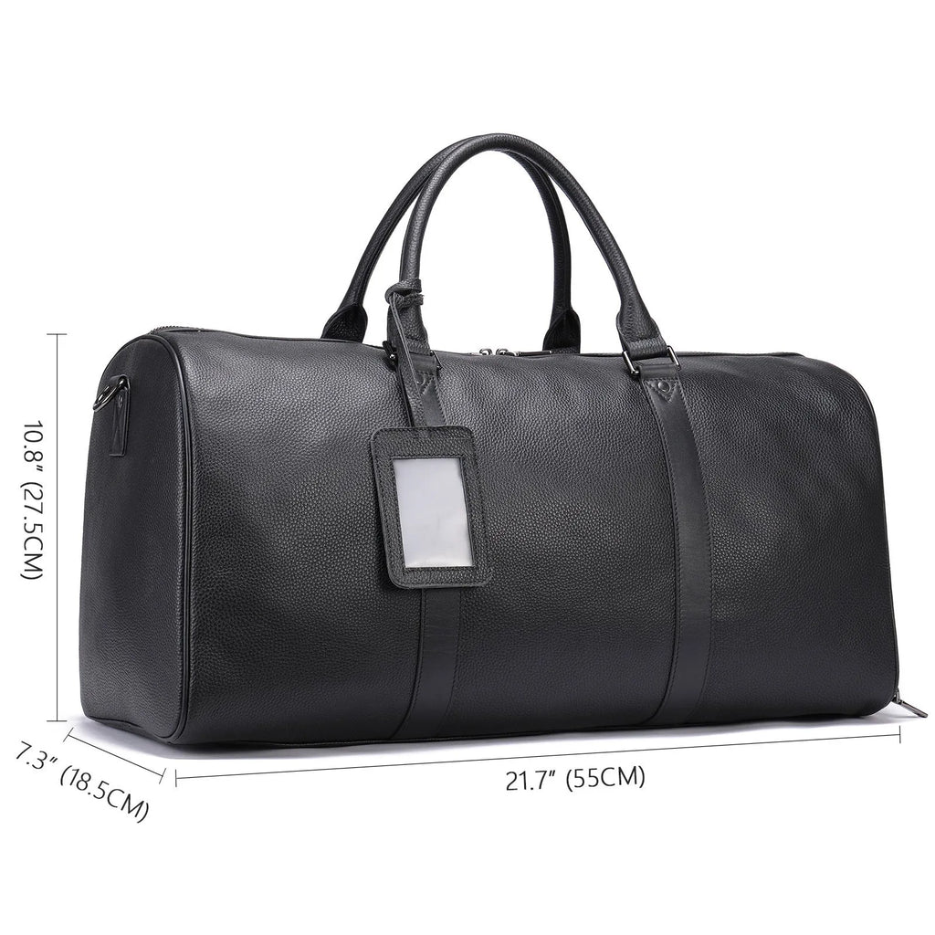 Men's black leather excursion tote bag with single strap showing 55cm large capacity dimensions