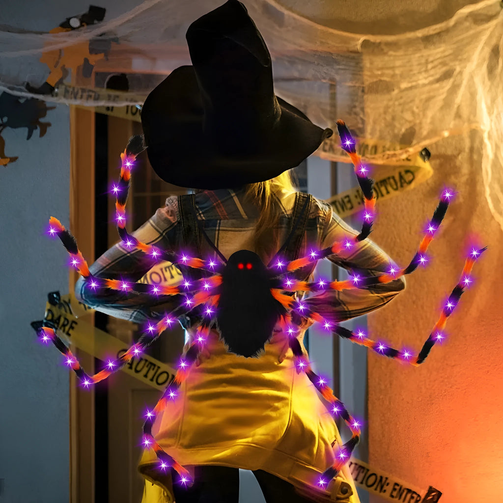 Halloween spider backpack with purple LED lights in orange colour with plush sugar bag compartment