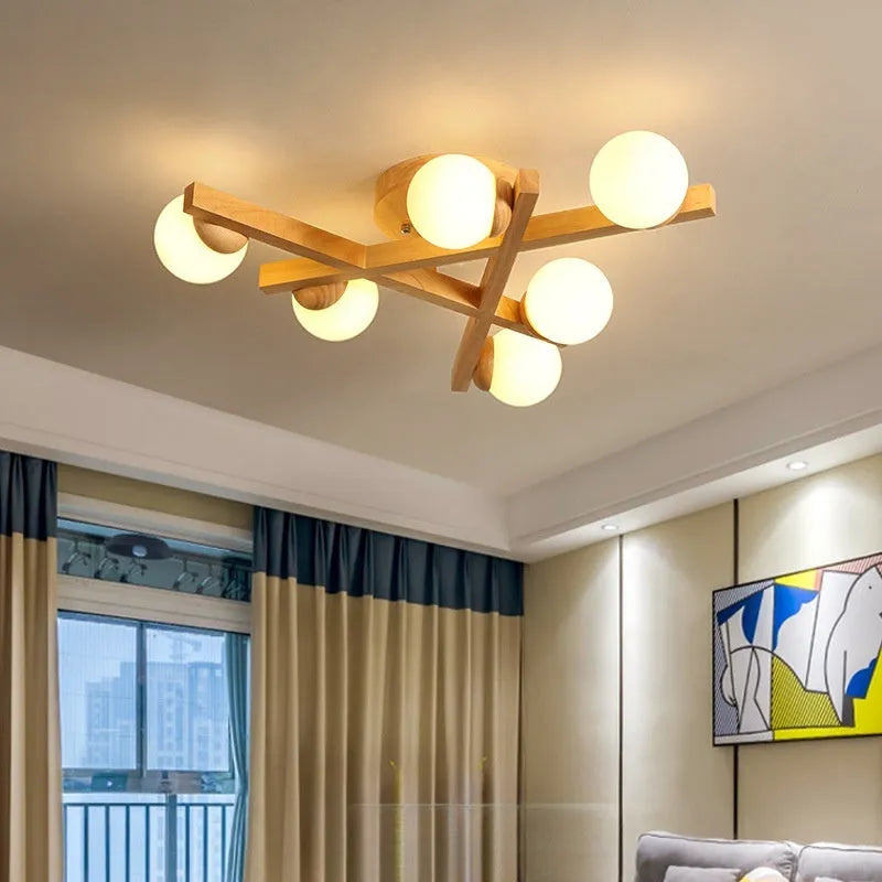 Wooden style ceiling light fixture with modern Nordic design and three light heads