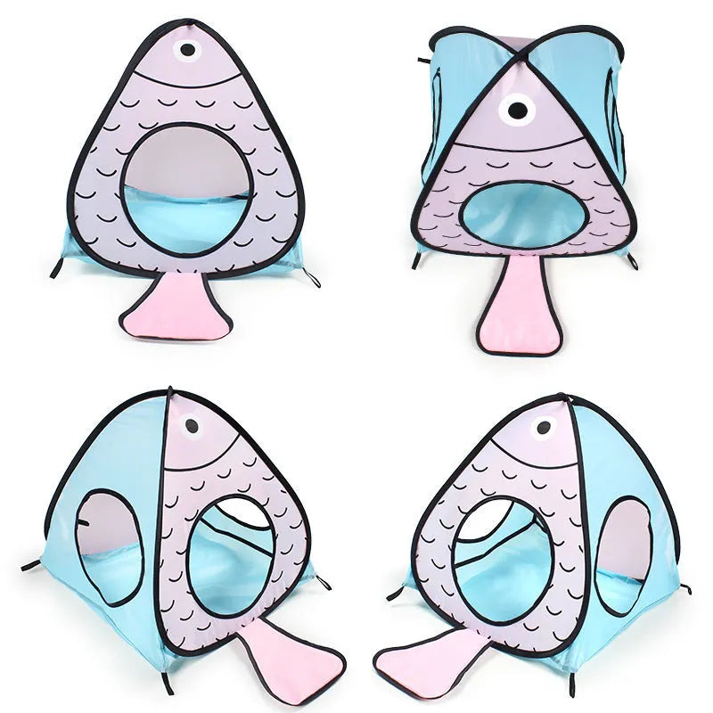 Foldable pet tent and tunnel set with cat and fish design for indoor cat play
