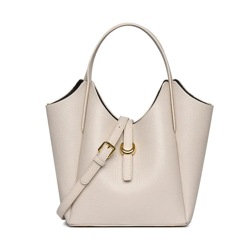Women's genuine leather bucket handbag in four colours with file compartment and retro sewing details