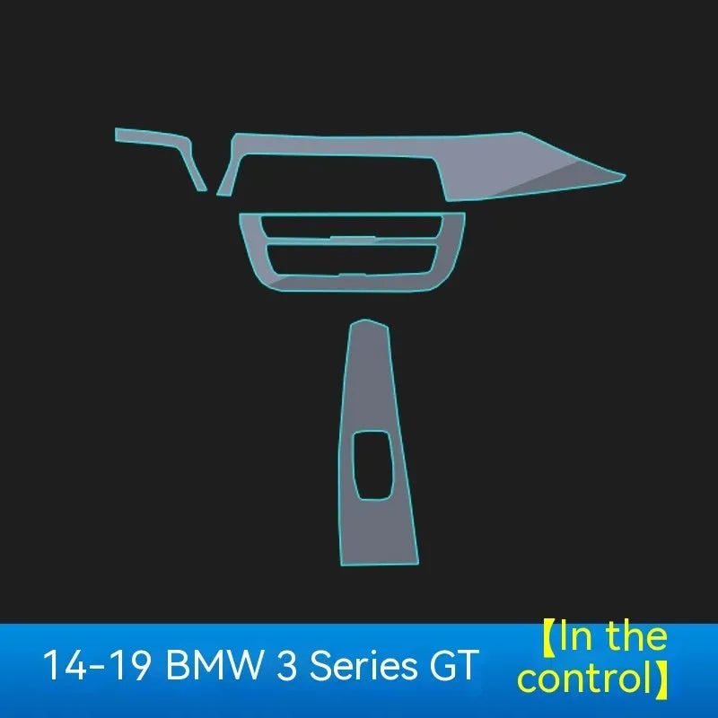 Transparent protective film kit for BMW 3 Series centre console and gear shift area.