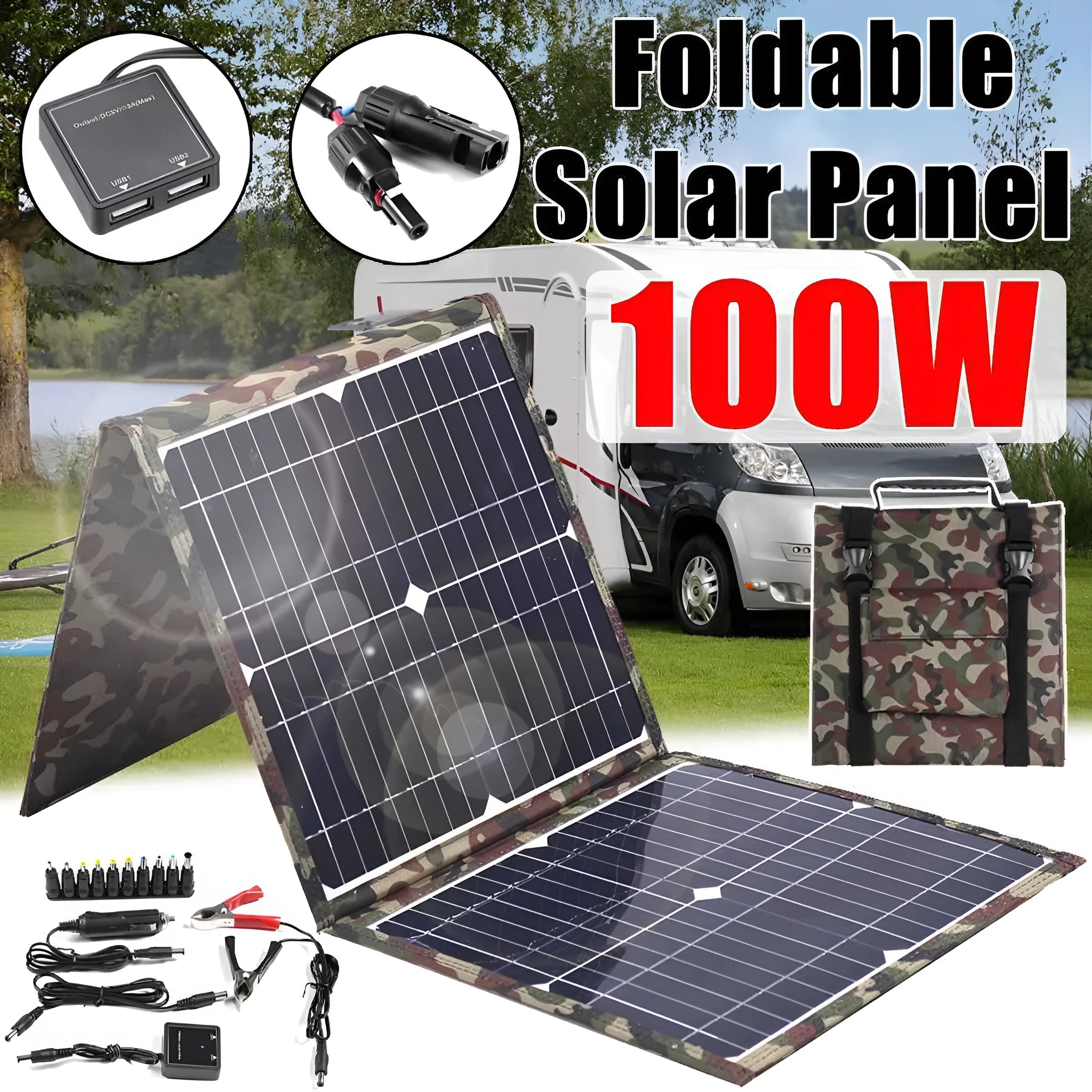 Black foldable solar panel unfolded showing three monocrystalline solar cells, with accessories including car charger and USB box