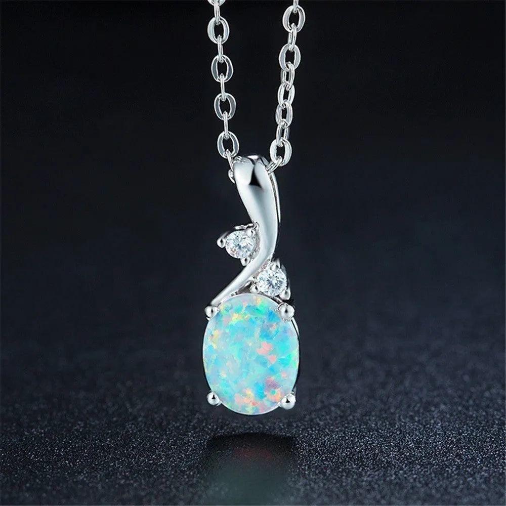 Water drop opal pendant necklace on adjustable O-chain in rose gold or white finish