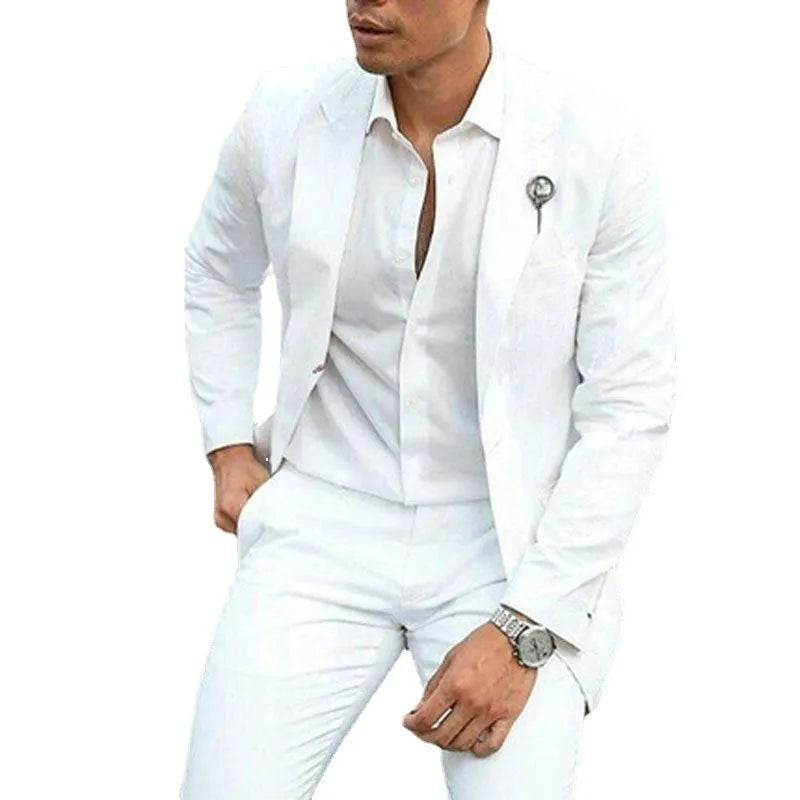 Men's white slim fit two-piece wedding suit with jacket and trousers on hanger