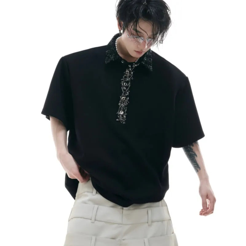 Men's black polo T-shirt with heavy embroidery sequin decoration and square collar design