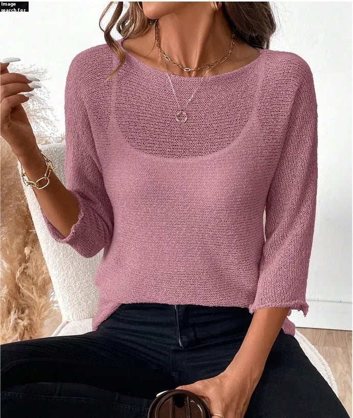 Women's thin knitted off-shoulder top in polyester with a 3D pattern, shown in a light colour.