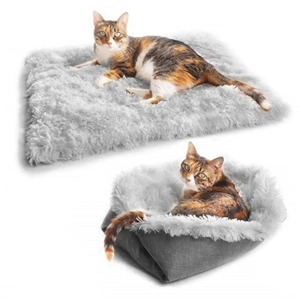 Grey and white plush pet blanket nest with non-slip black bottom for cats and dogs.