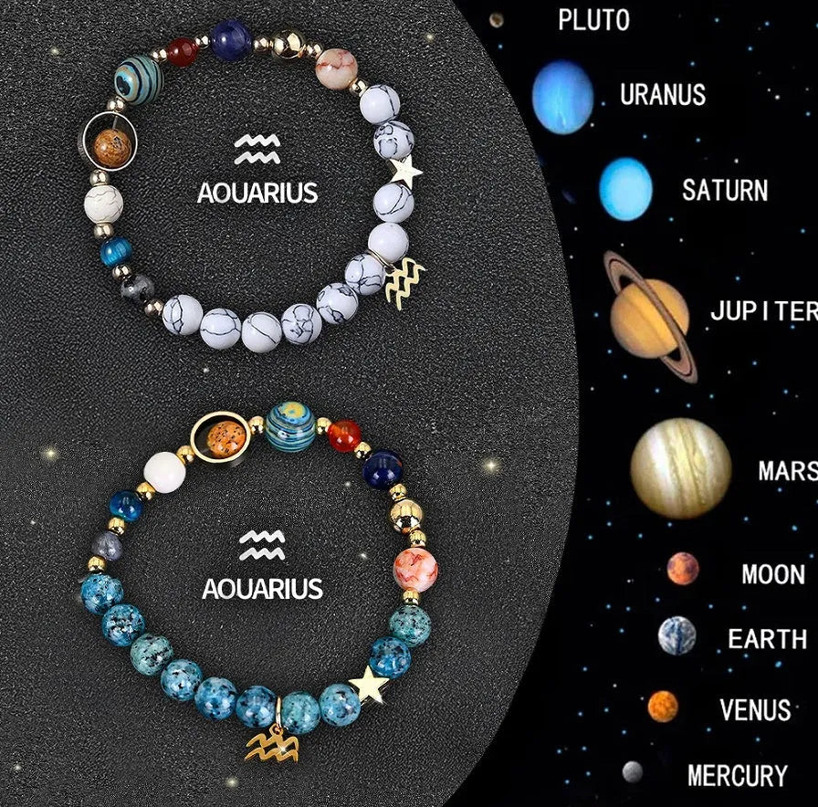 Set of twelve natural stone bead bracelets laid out, each representing a different zodiac sign.