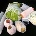 White foam net protective cover shown in various sizes for cushioning fruit and fragile items.