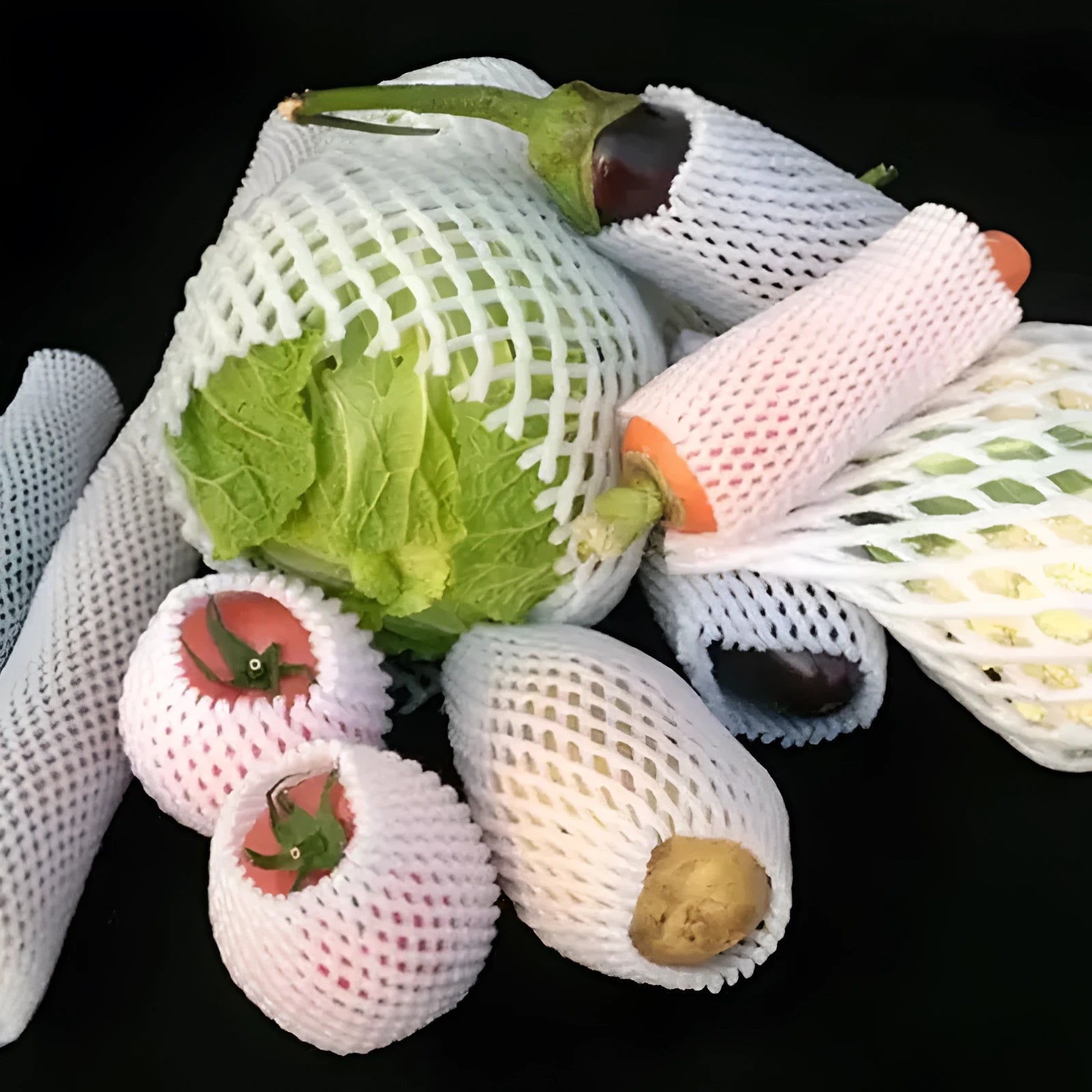 White foam net protective cover shown in various sizes for cushioning fruit and fragile items.