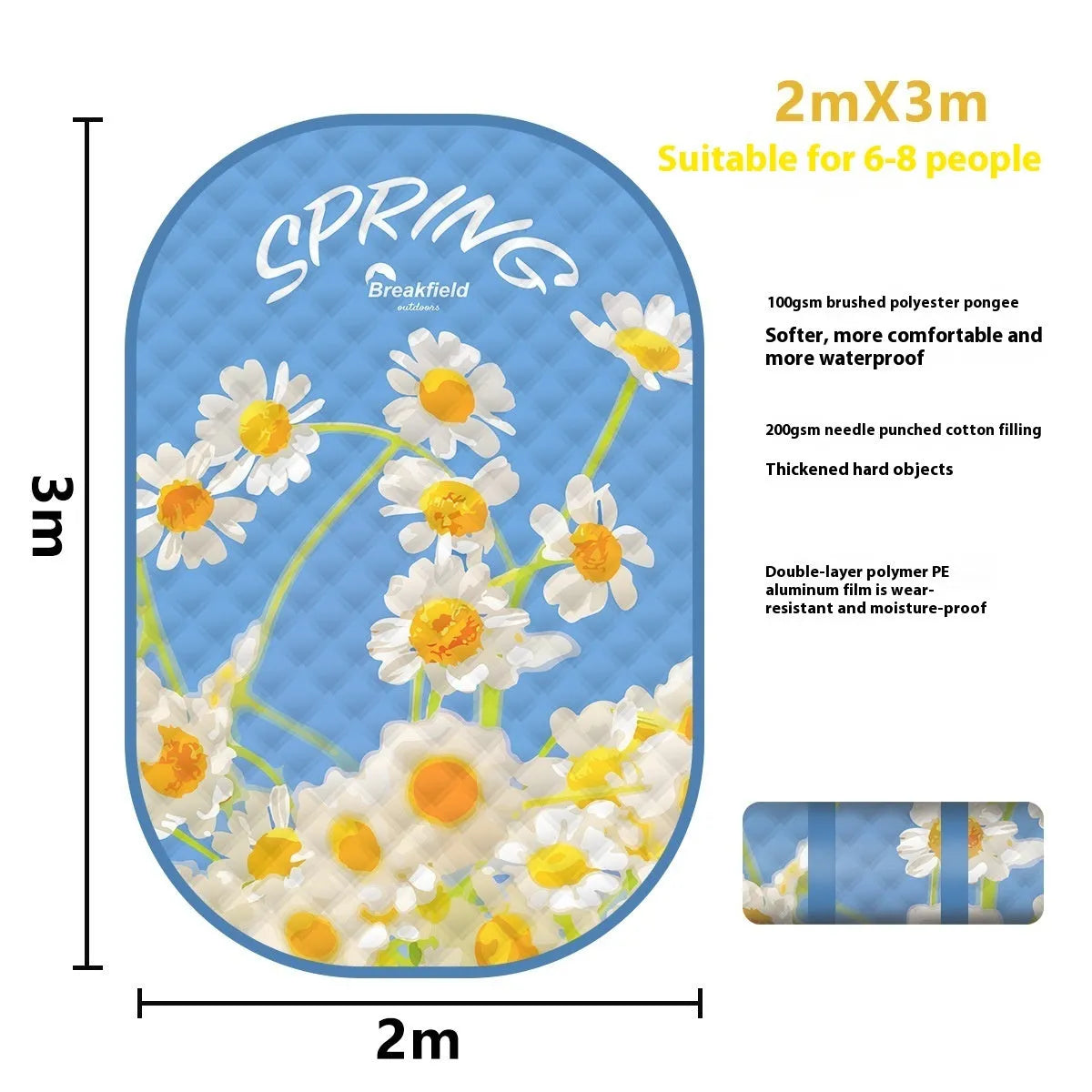 Large waterproof picnic mat in a seasonal colour on grass, showing its size for a group.