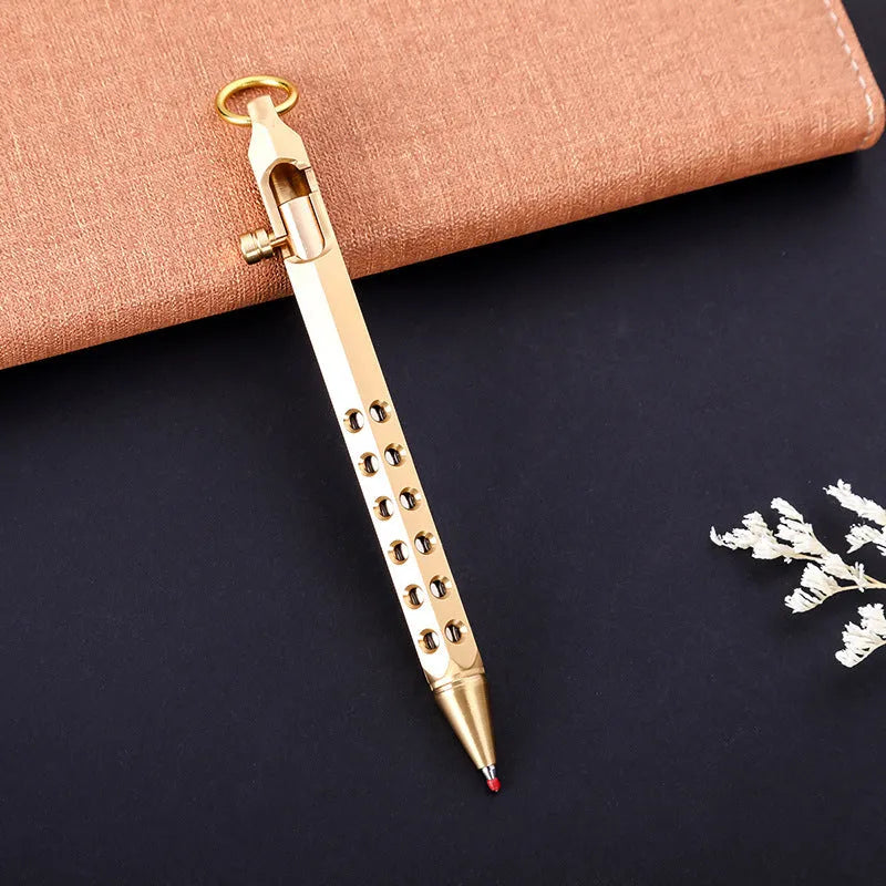 Retro brass hexagonal bolt pen with 6-angle machine signature design and 0.5mm writing tip