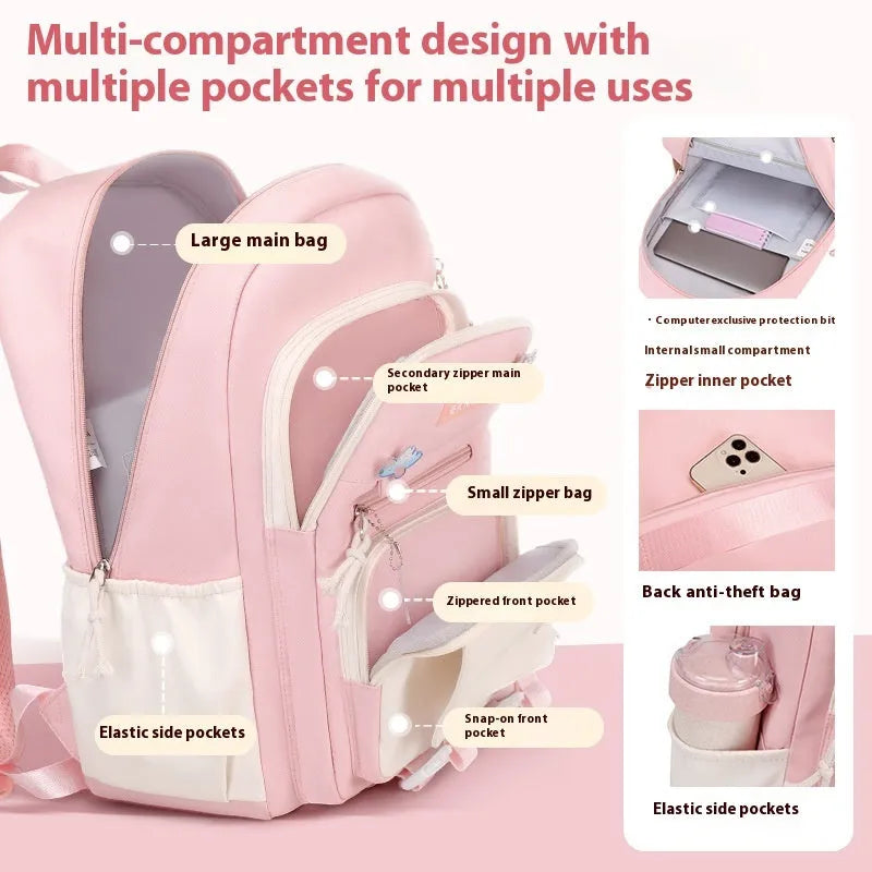 Girls' school backpack in Oxford cloth with curved shoulder straps and spine protection