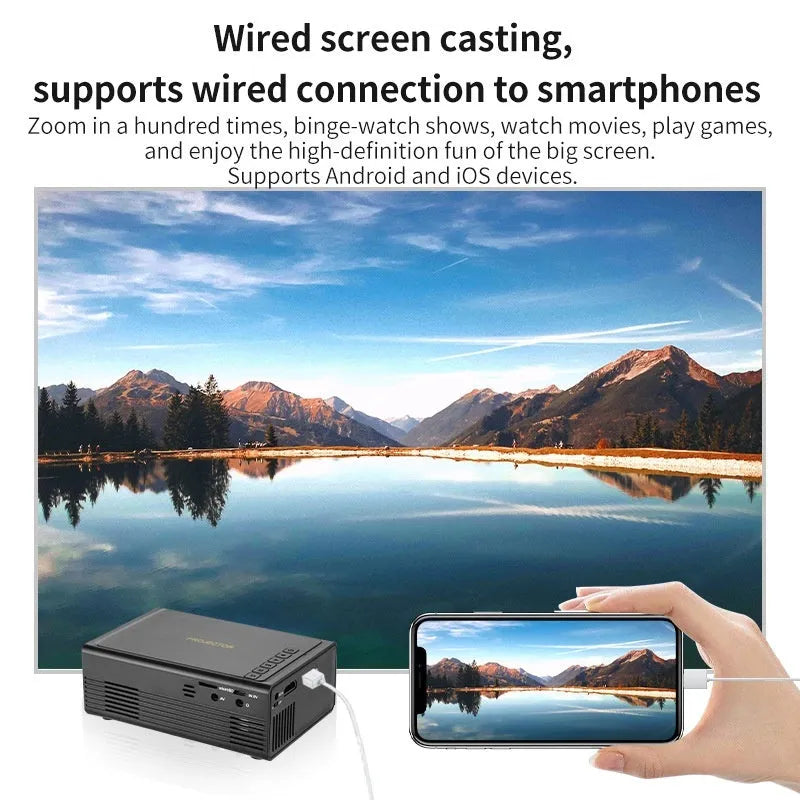 Portable mini projector in black or white with mobile phone connection cable