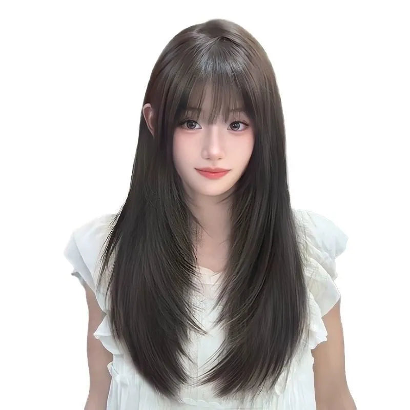 Black long straight high-layered women's wig with full-head hair net construction