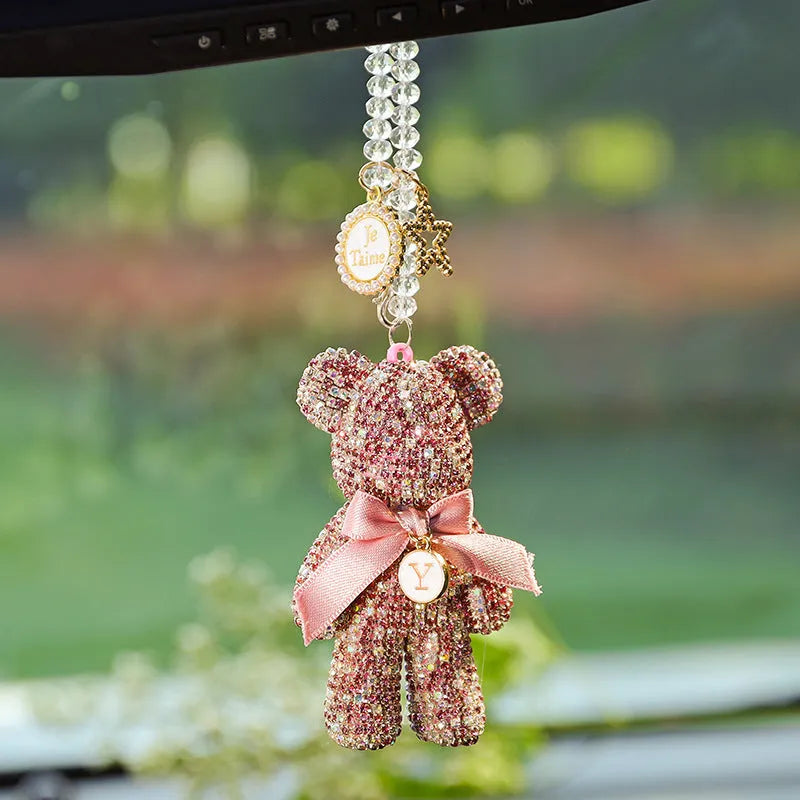 Diamond-embedded Violent Bear car rearview mirror pendant with artificial crystal rhinestones in 5x9cm size