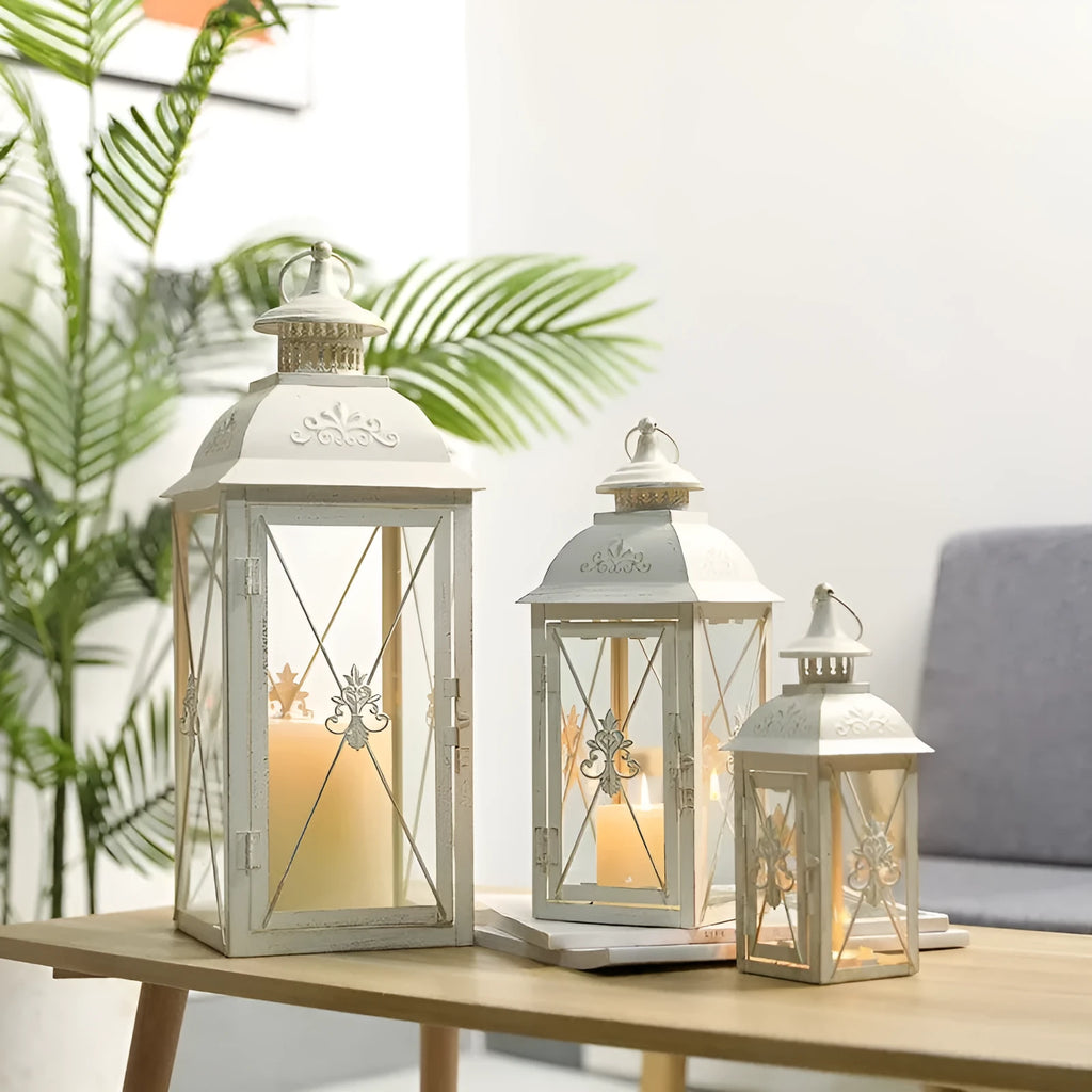 European-style wrought iron floor-standing storm lantern with tempered glass panels in black gold brush finish